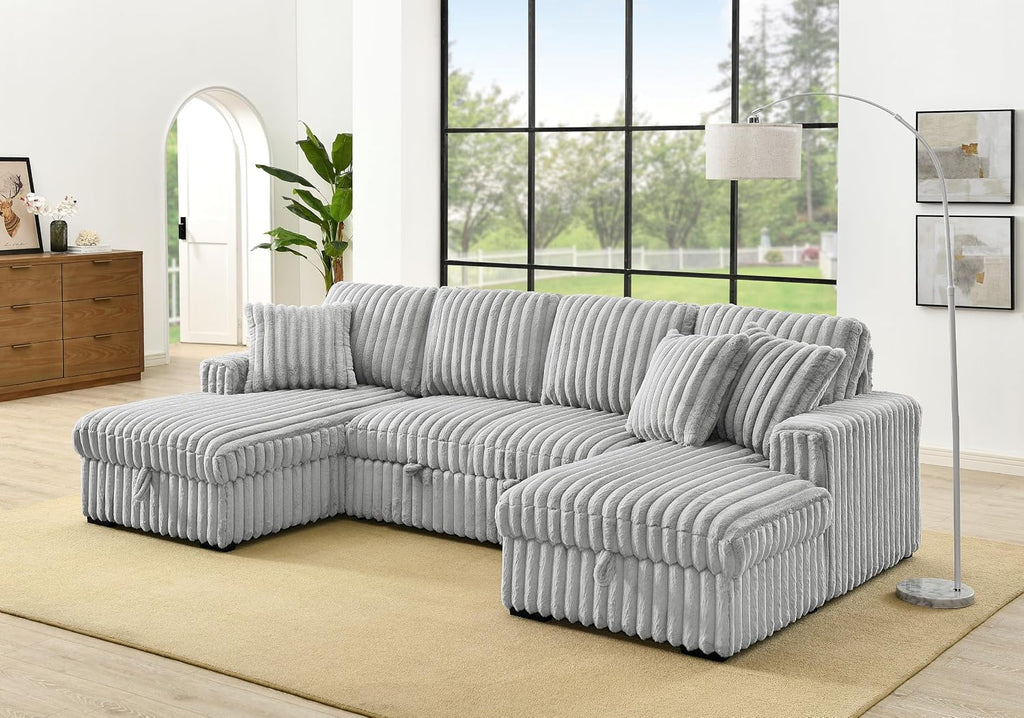 THSUPER 122'' Oversized U Shaped Plush Corduroy Fluffy Sectional Sleeper Sofa with Pull Out Bed and Double Storage Chaise for Living Room - Gray
