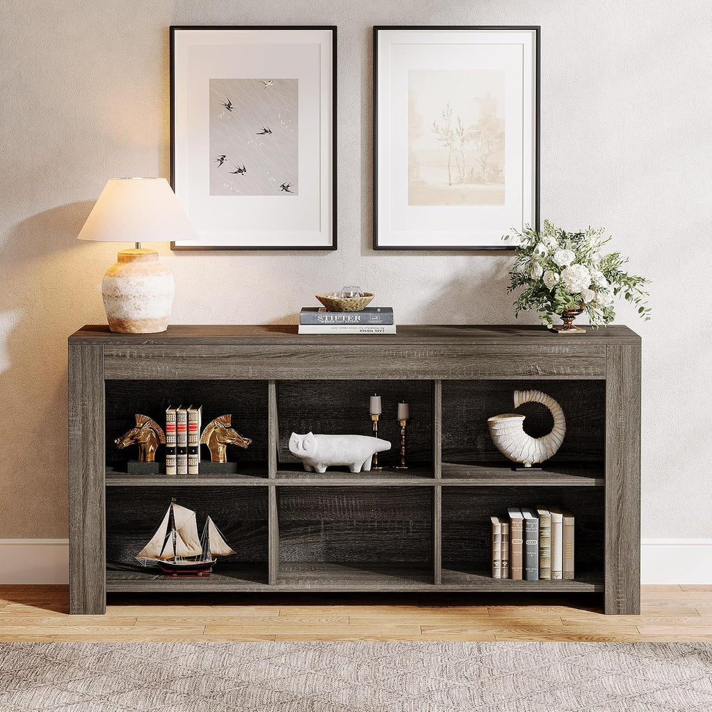 Tribesigns 63-Inch Long Sofa Console Table, Rustic Wood Entryway Table with 6 Storage Cubes for Living Room, Hallway, Behind Couch (Grey)