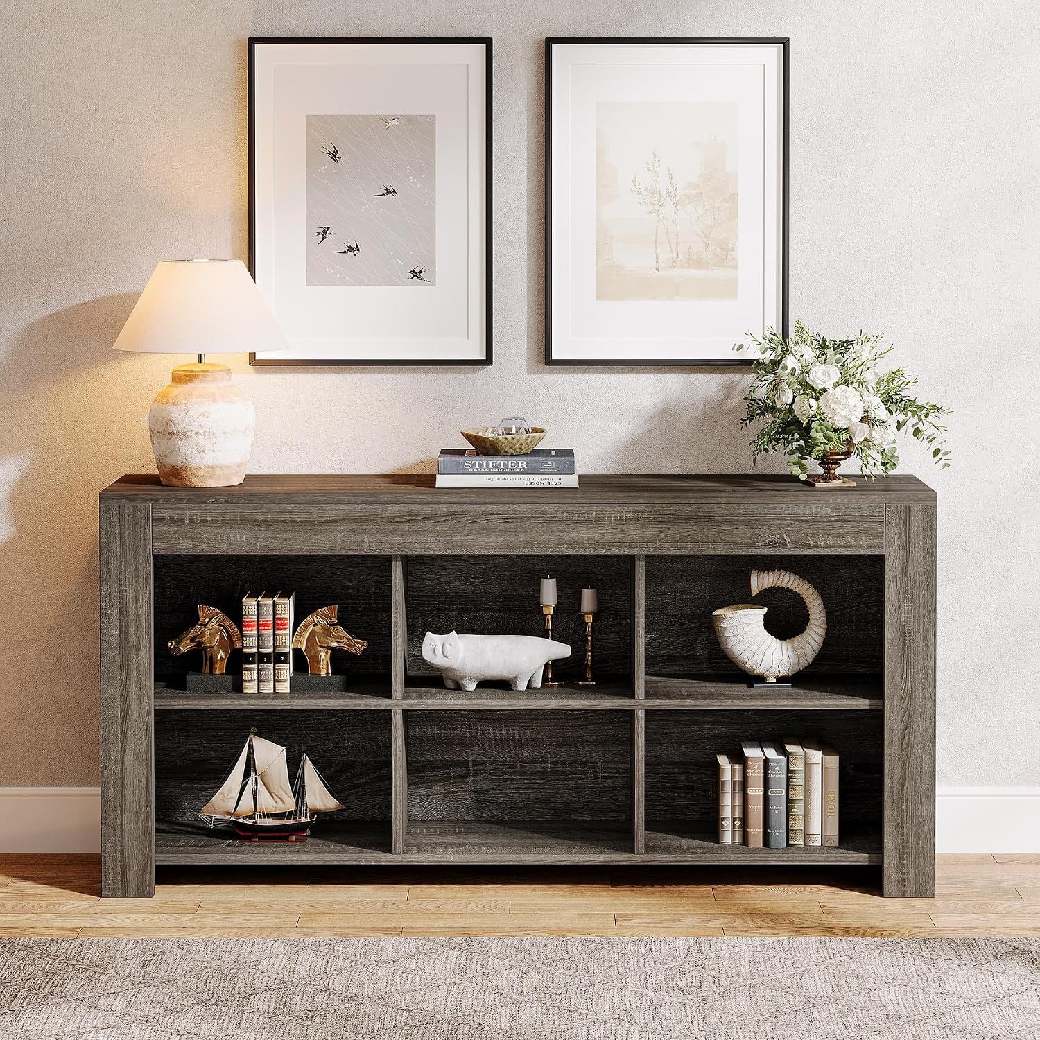 Tribesigns 63-Inch Long Sofa Console Table, Rustic Wood Entryway Table with 6 Storage Cubes for Living Room, Hallway, Behind Couch (Grey)