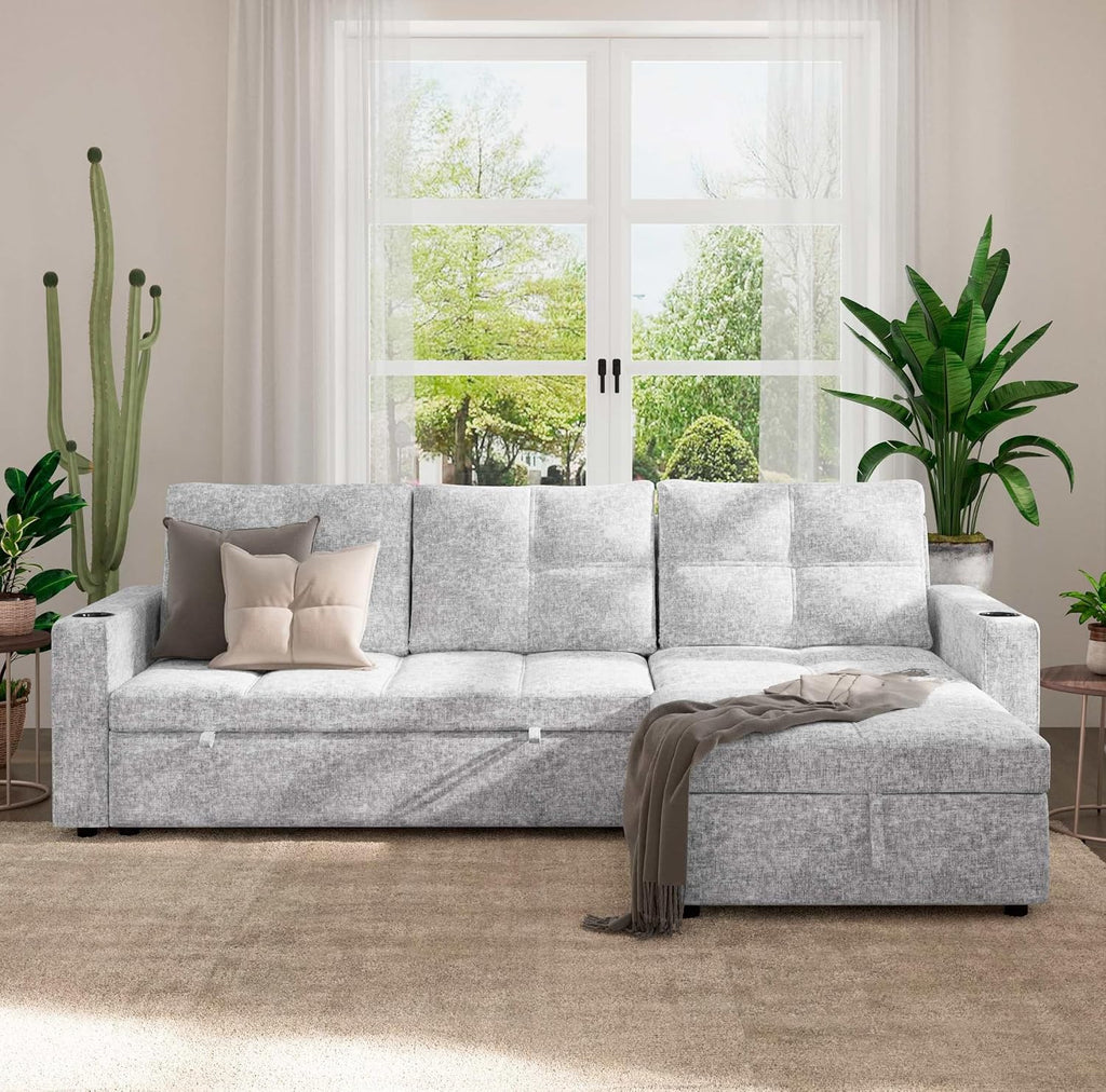 85 inch Large Sleeper Sofa Bed,L Shaped Sectional Couch Bed,2 in 1 Pull Out Couches with Convertible Storage Chaise,USB Charging,Cup Holders and Side Pockets Gray
