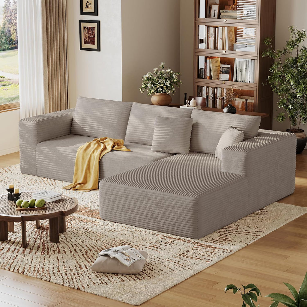 CHORRO108''Sectional Boneless Cloud Sofa,Modern Modular L-Shape Couch for Living Room,Corduroy Convertible Sponge Sleeper Sofas,Upholstered Lougne Chaise Couchs-with Soft Pillow(Camel,Right Chaise)