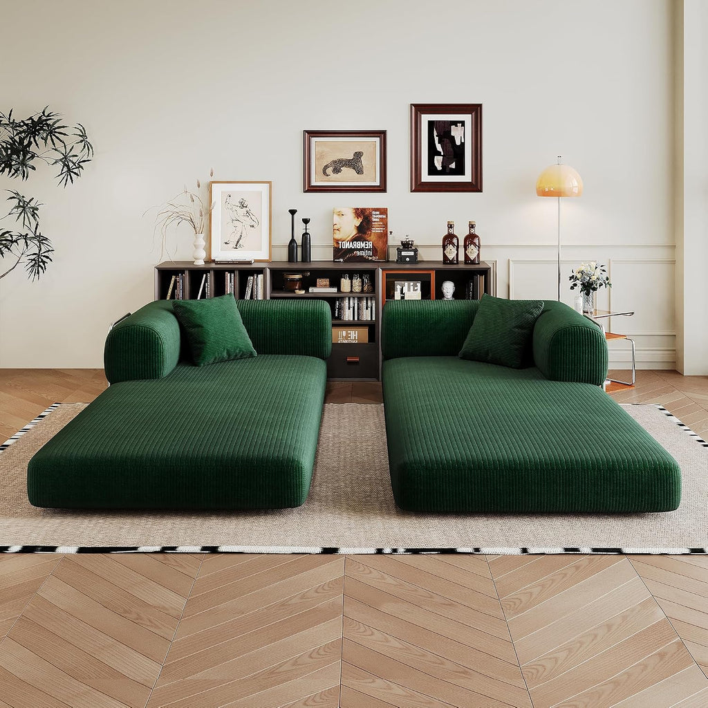 79' Convertible Sofa Bed, Corduroy Folding Pull Out Couch with Pillows, No Assembly Modern Boneless Couch Compression Sofa in Box, Floor Sofa with Support Rods for Living Room,Dark Green