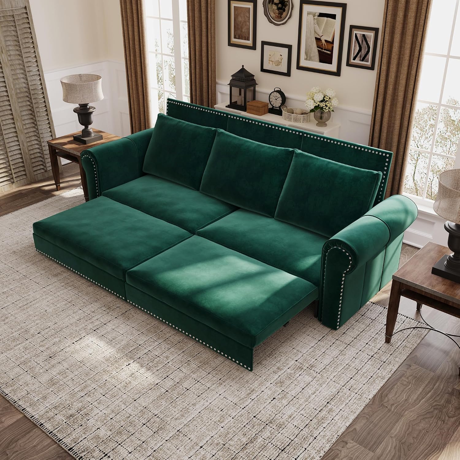 3 in 1 Convertible Sleeper Sofa Bed, 93.7' King Size Sofa Sleeper with Pull Out Bed, Velvet Folding Loveseat Sofa 3-Seater with Deep Seat, Nailhead Trim & Rolled Arm for Living Room (Green)
