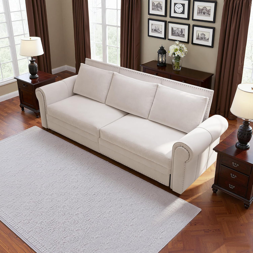 Casaphoria 93.7 Inch Pull Out Sleeper Sofa Beds, 3 in 1 Velvet Convertible Sofa Bed Couch, Vintage Loveseat Sofa Couch Bed for Apartment, Bedroom, Living Room, King Size White
