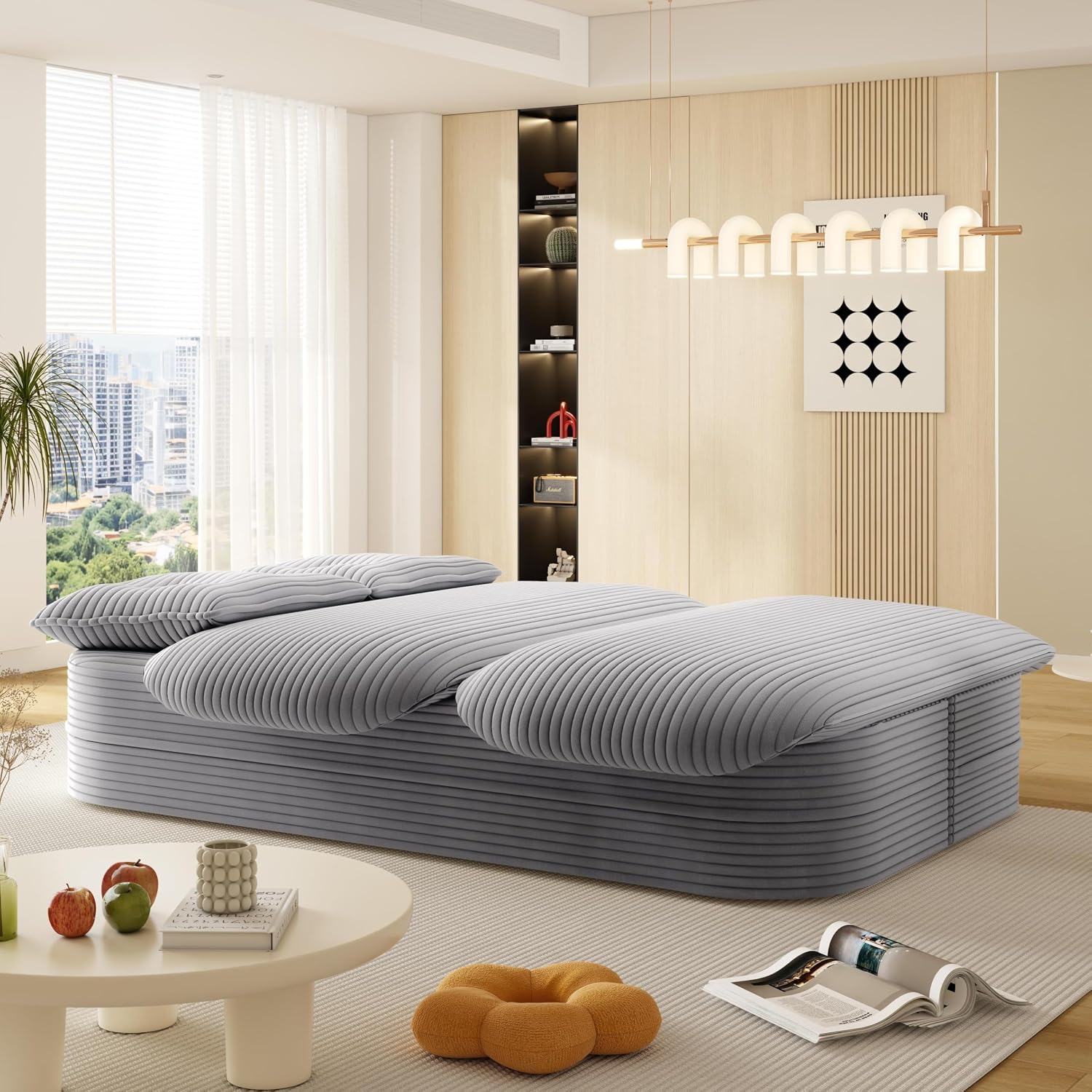 78.7' Convertible Folding Sofa Bed, Queen Sleeper Sofa with Multi Functional Blanket, Corduroy Fabric Floor & Futon Loveseat Couch, Foam Folding Mattress Sleeper for Living Room, Apartment, Light Grey