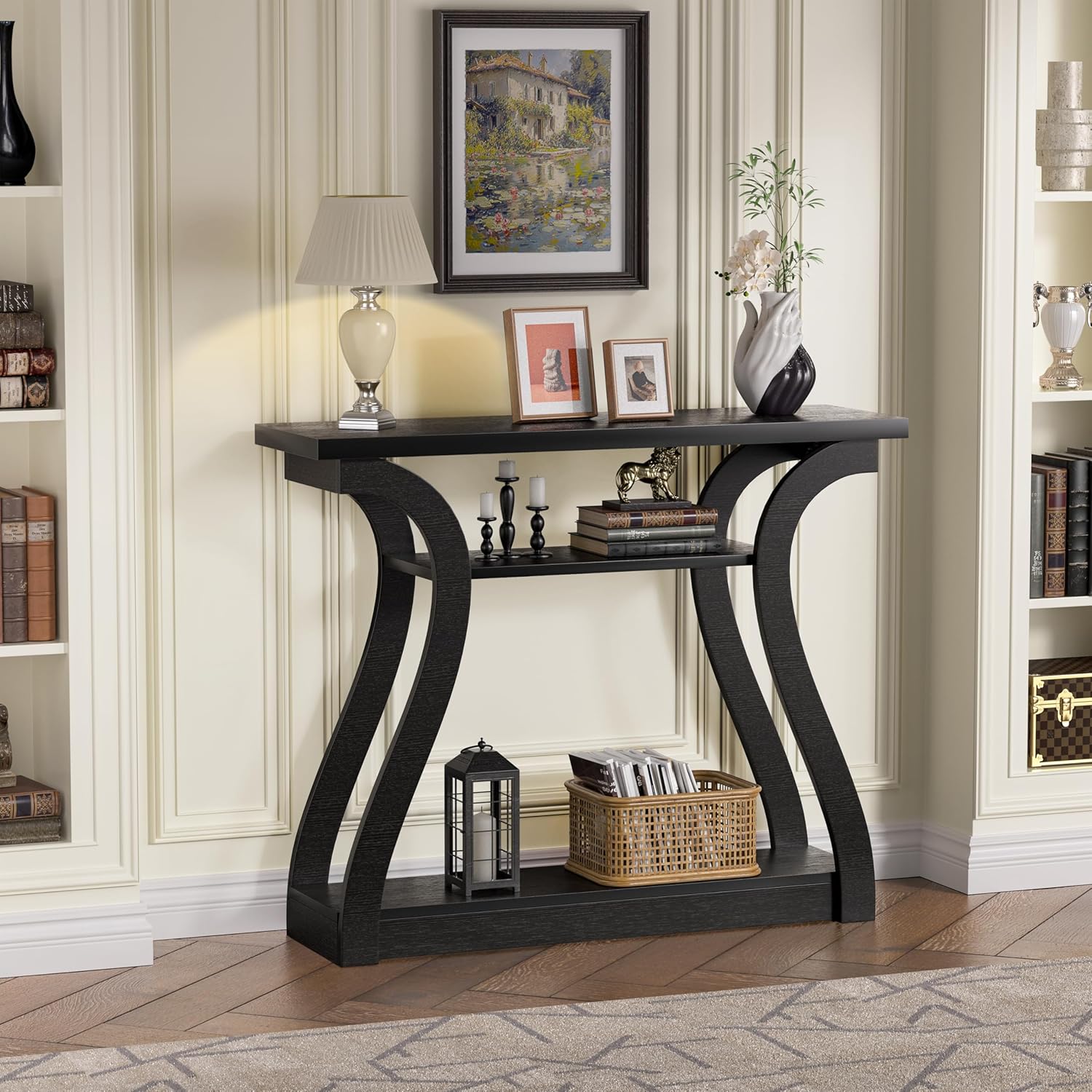 Wooden Console Table with Curved Legs and Shelf, 3-Tier Modern Accent Narrow Sofa Table for Entrance Area, Living Room, Hallway, 47 in Wide Wood Console Table for Entryway (Black)