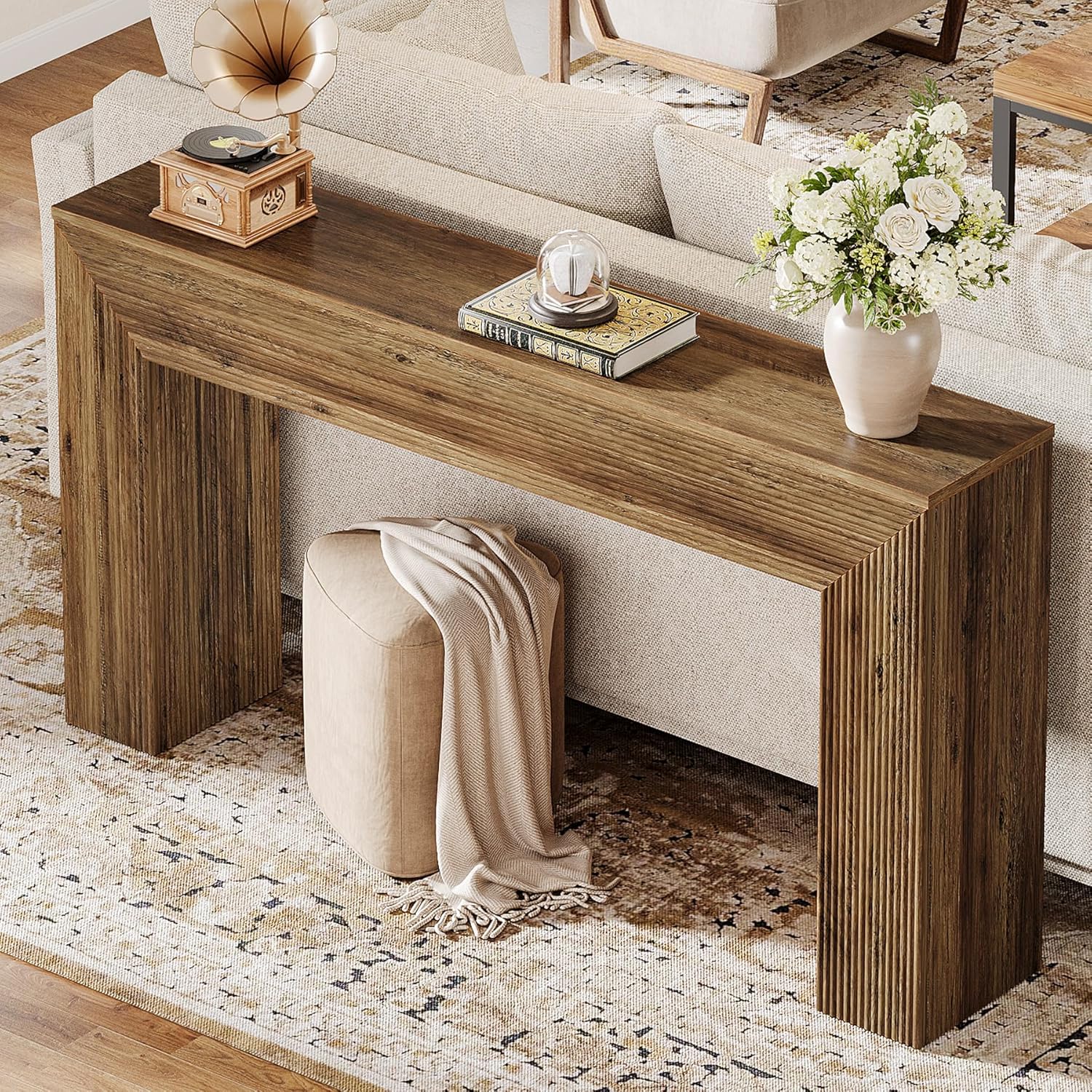 Tribesigns 63' Console Table, Rustic Fluted Long Sofa Table Behind Couch for Entryway, Living Room, Hallway, Foyer, Brown
