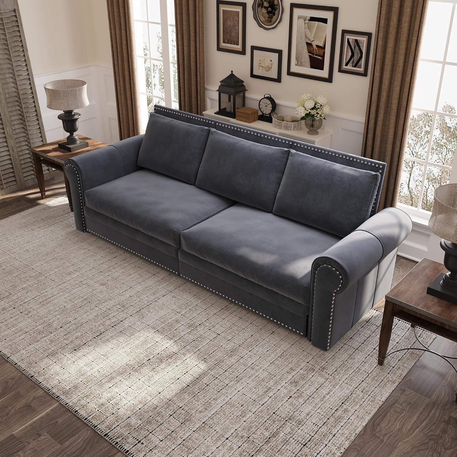 93.7' King Pull Out Sofa Bed, 3 in 1 Convertible Sleeper Sofa Couch 3-Seater, Velvet Folding Loveseat Sleeper Sofa with Deep Seat, Nailhead Trim & Rolled Arm for Living Room (Light Grey)