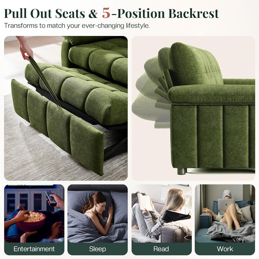 Jocisland 93' 4-in-1 Convertible Sofa Bed, Full Size Cloud Sleeper Sofa, Tufted Chenille, 5-Position Adjustable Backrest, 10-Minute Tool-Free Assembly, Couches for Living Room Guest Room, Green