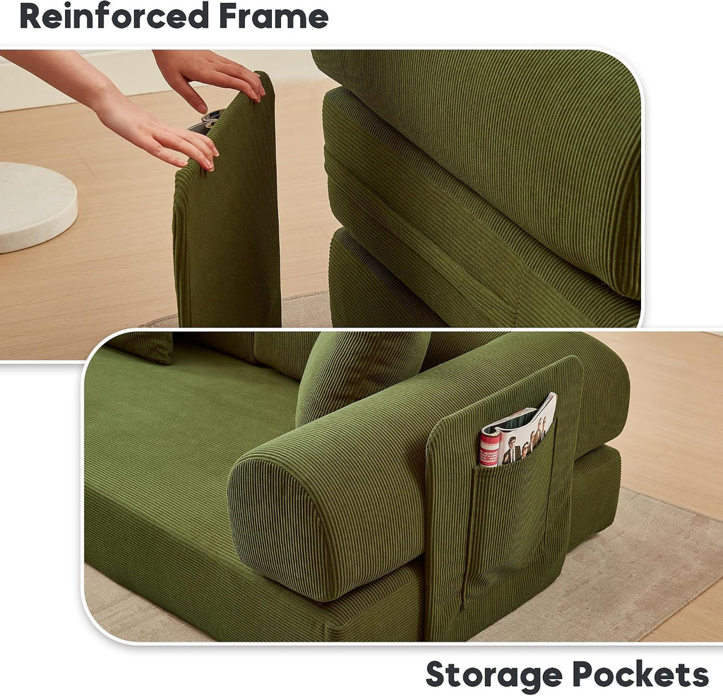L Shaped Modular Sofa Bed with Cylindrical Pillow & Reversible Chaise, Corduroy Folding Floor Convertible Sofa Couch Bed with Fixed-Shape Frame & Storage Pocket for Living Room, Green