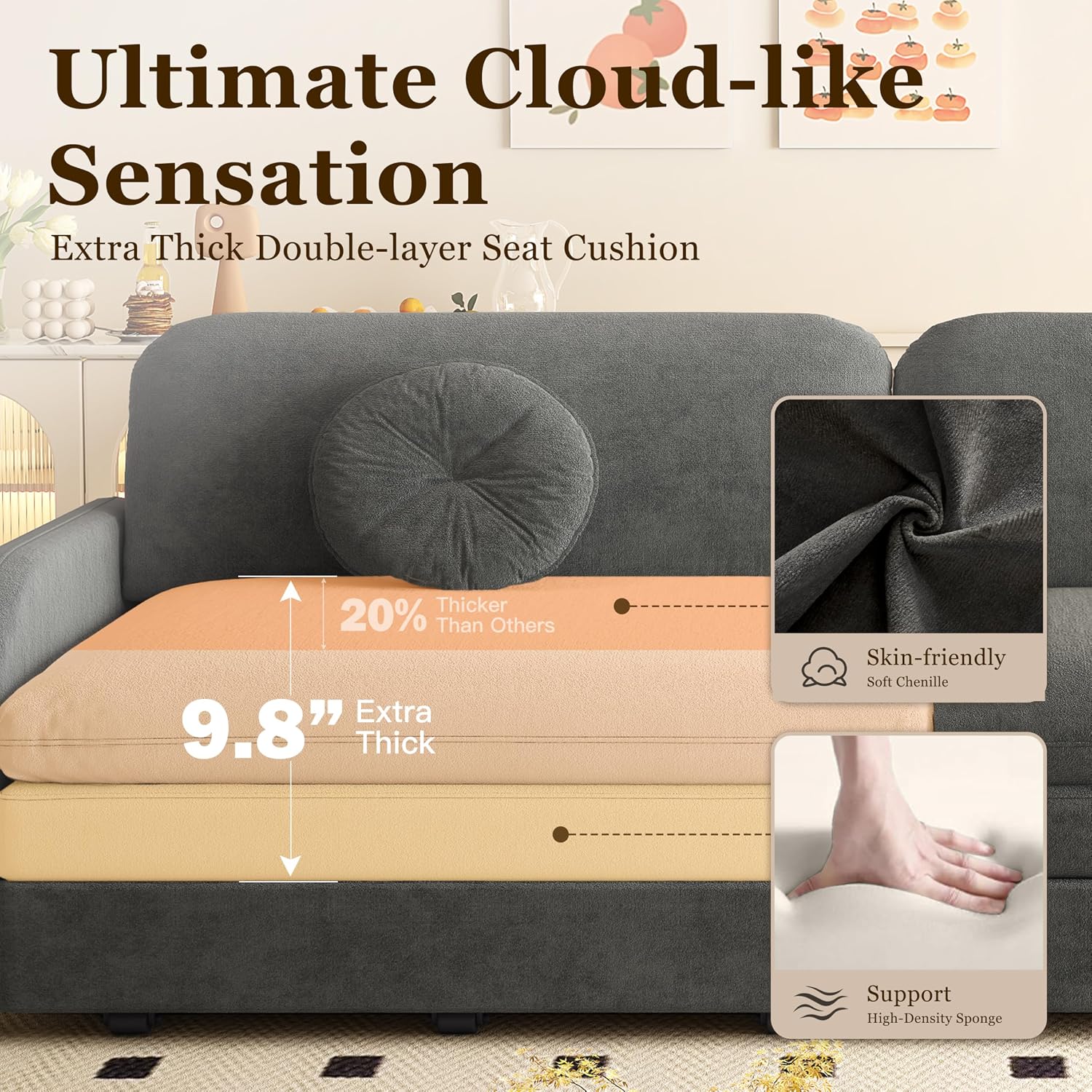 65.4'' Pull Out Couch Bed Queen Size, Chenille Sleeper Sofa Daybed, 3 in 1 Convertible Couches, Futon Sofa with 2 Pillows, Storage Pockets, USB, Loveseat for Small Spaces, Living Room, Grey