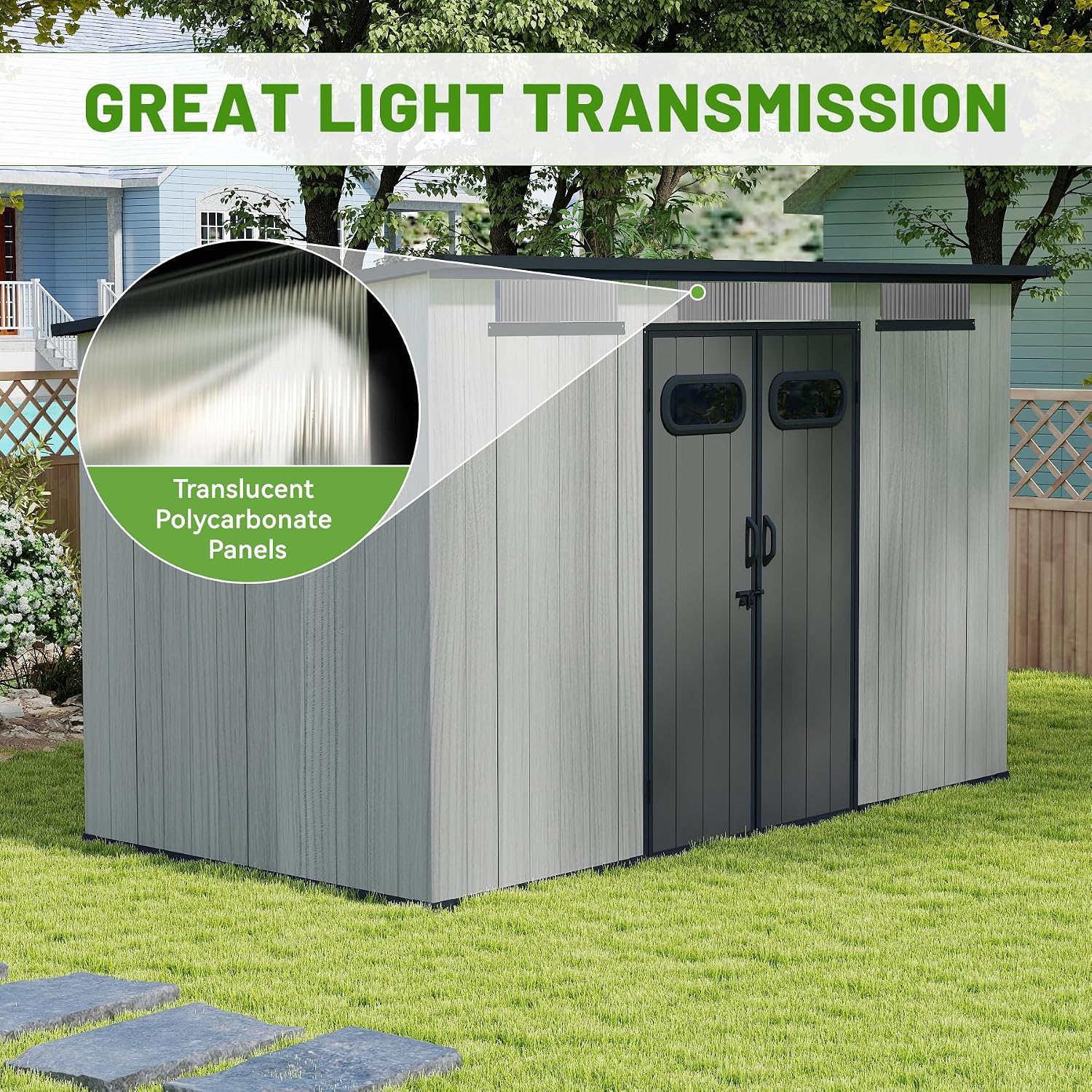 6x11 FT Outdoor Resin Storage Shed with Mats, All-Weather Sloping Plastic Storage Sheds with Lockable Doors & Vents, Outside Tool Storage Shed for Backyard, Garden, Mower, Bike & Pool Equipment