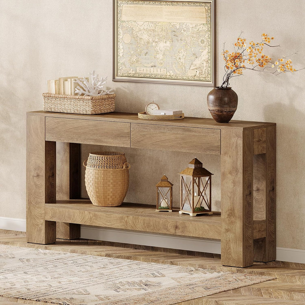 Tribesigns 63' Console Table with 2 Drawers, Farmhouse Entryway Table with Storage Shelf and Sturdy Legs, Wooden Sofa Table for Living Room, Hallway, Entrance (Brown)