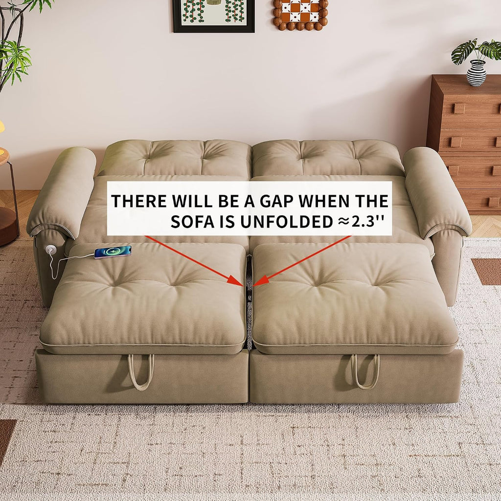 77' Queen Size Sofa Bed, Loveseat Sleeper Sofa with Pull Out Bed, Pockets and USB, Modern 2 Seater Convertible Small Couch for Living Room Bedroom Apartment, Brown
