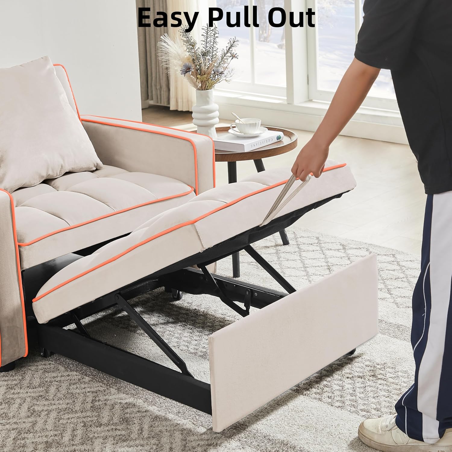 3 in 1 Convertible Sleeper Sofa Chair, 35' Pull Out Sofa Bed Recliner for Adult with Adjustable Backrest, Velvet Fabric Sleeper Couch Single Modern Chair for Living Room Bedroom, Cream White