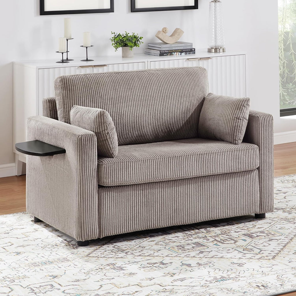 Twin Size Sofa Bed 47.2' Sleeper Sofa Loveseat Sofa with a Foldable Mattress, a Foldable Side Table, a Side Storage Pocket and Two USB Ports for Living Room, Grey-Brown