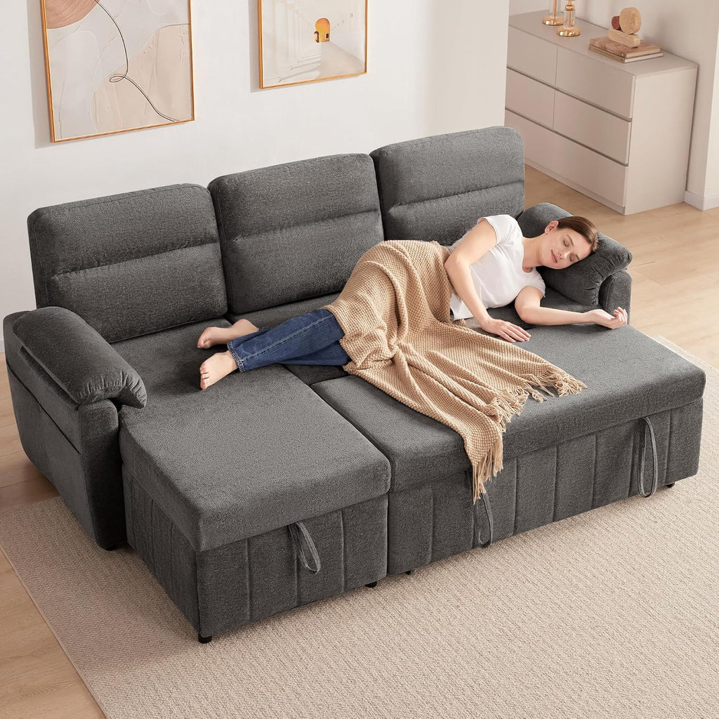 Tbfit 84'' Pull Out Sofa, 3 in 1 Sleeper Sofa Couch with USB & Storage Chaise, Cloud Sofa Bed with Pull Out Bed, Chenille Convertible Sleeper Sofas for Living Room, Small Spaces, Dark Gray