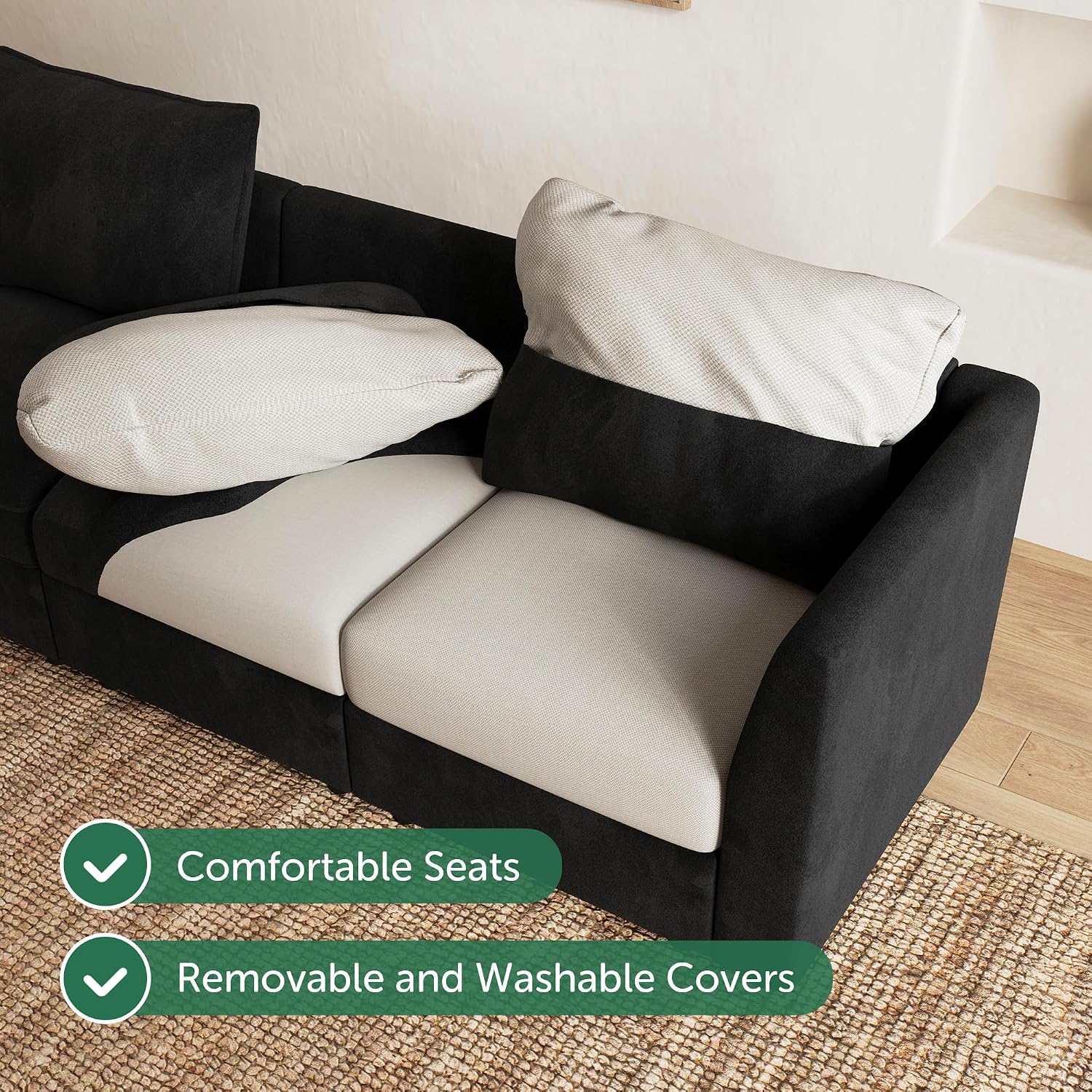 HONBAY Modular Sectional Sofa Velvet Sleeper Couch with Storage Seats Oversized Sectional Couches for Living Room,Black