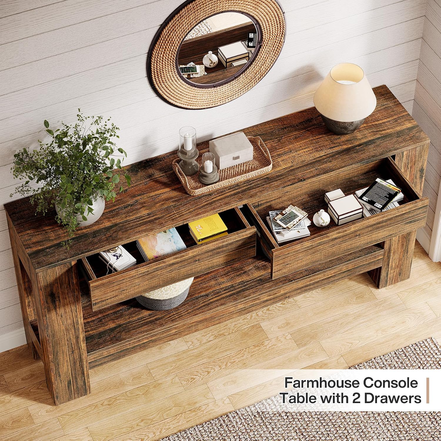 Tribesigns 63-Inch Console Table with 2 Drawers, 2-Tier Wooden Sofa Table Behind Couch, Farmhouse Entryway Console with Storage Shelf for Living Room, Entrance, Hallway (Dark Brown)