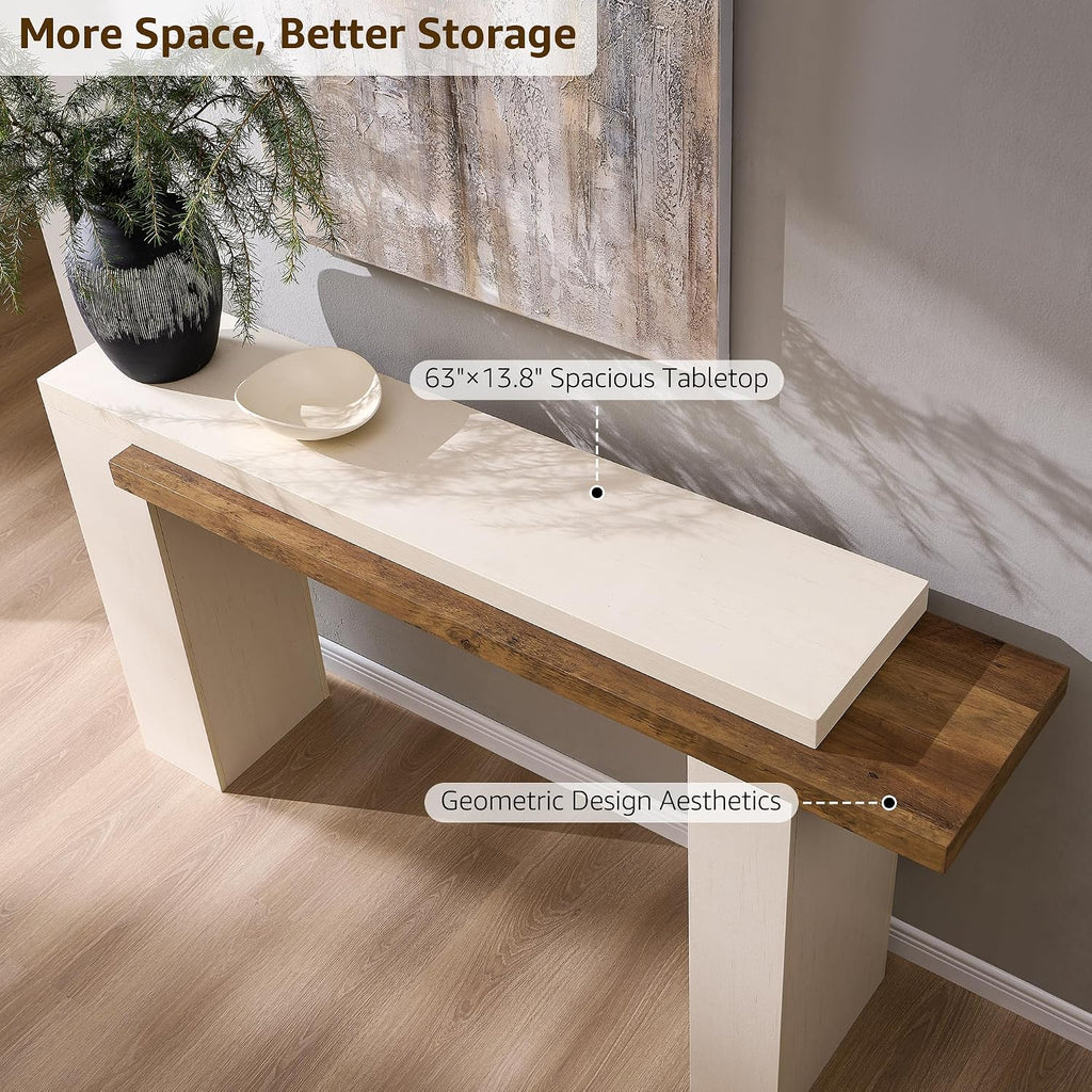 OKD 63 Inch Modern Entryway Console Table, Solid Geometry Accent Sofa Table Behind The Couch, Narrow Console Table for Entryway, Hallway, Living Room, Foyer, Antique White