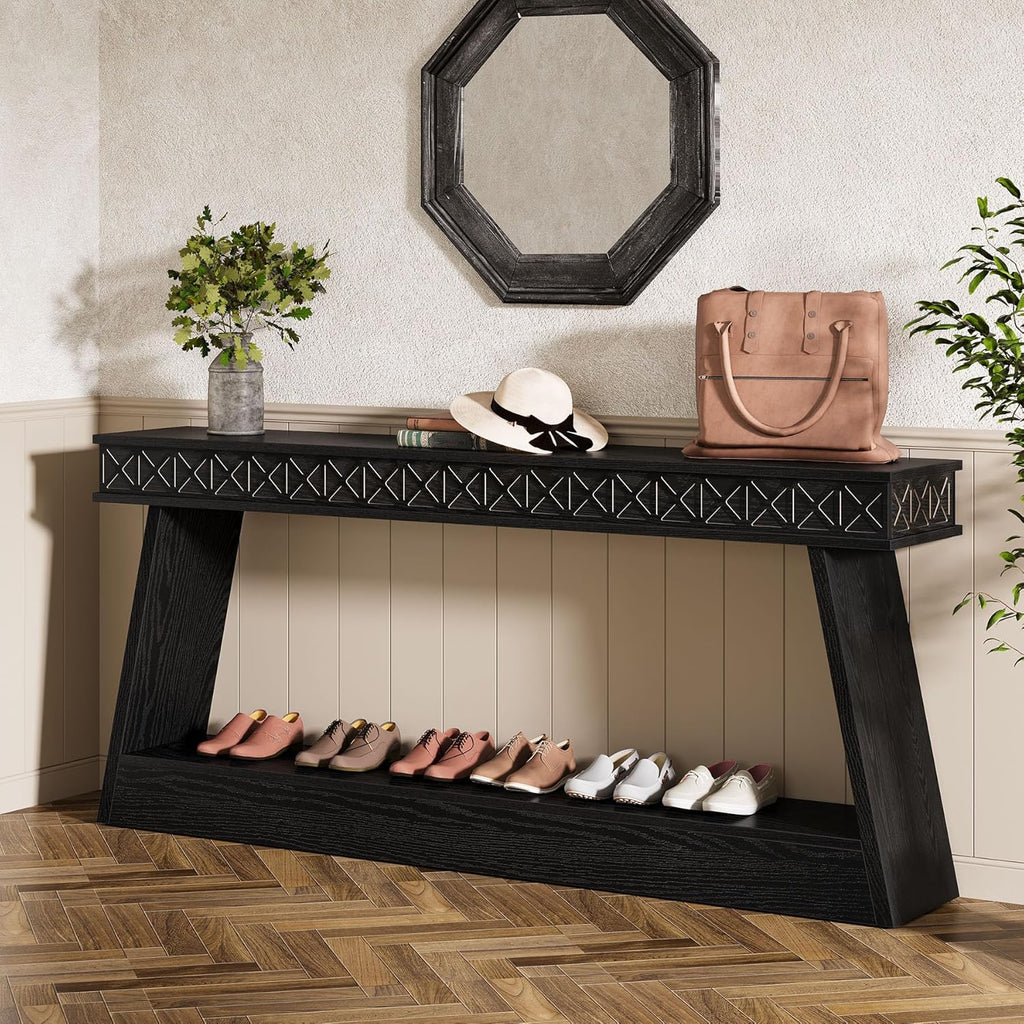 Tribesigns 70.9 Inch Long Console Table for Entryway, 2-Tier Farmhouse Entryway Table with Storage, Narrow Sofa Table Behind the Couch, Wood Accent Table for Hallway, Living Room, Foyer, Black