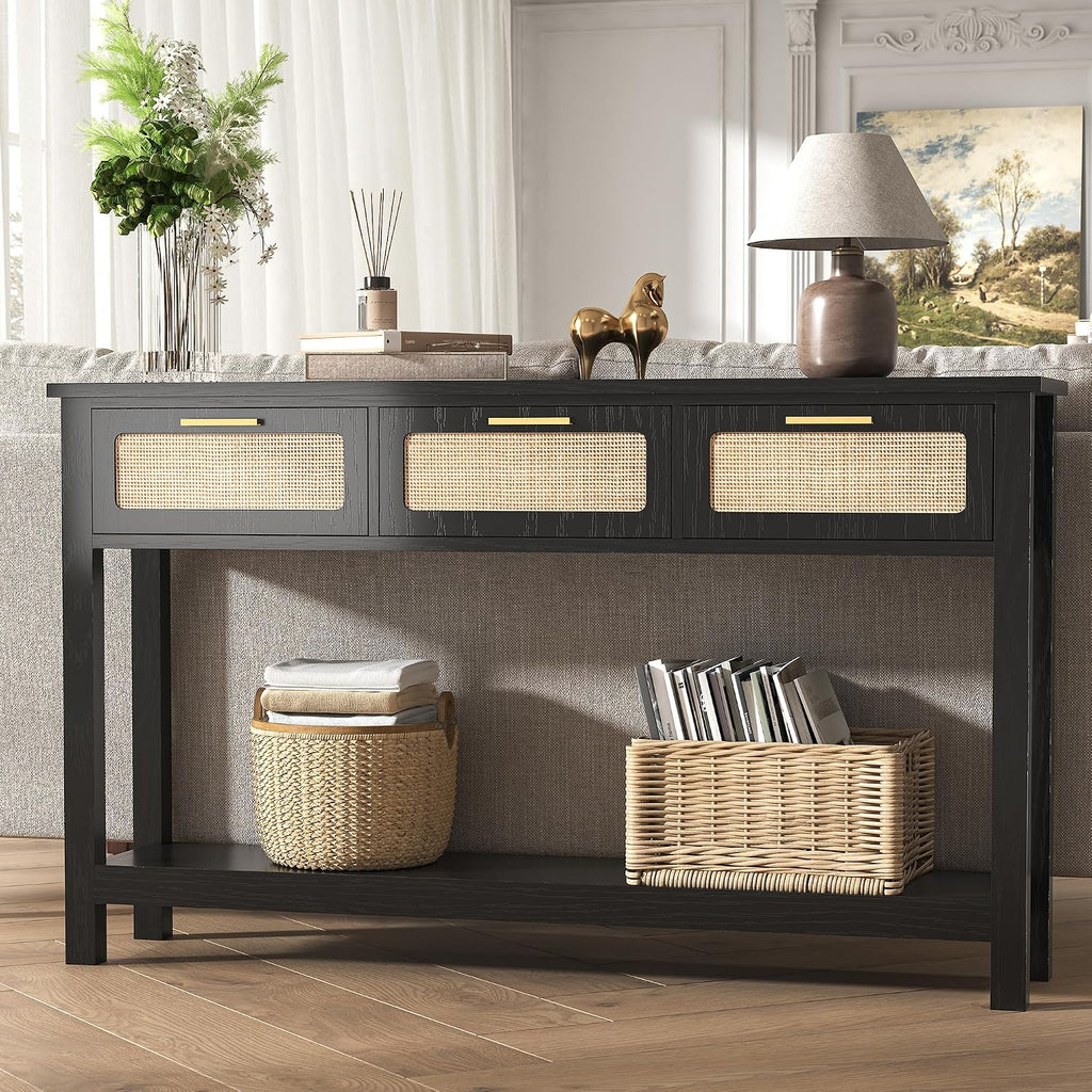 ELYKEN 51.2' Black Console Tables for Entryway, Rattan Entryway Table with 3 Drawer & Shelf, Narrow Long Sofa Table for Behind Couch Hallway, Entrance Entry Living Room