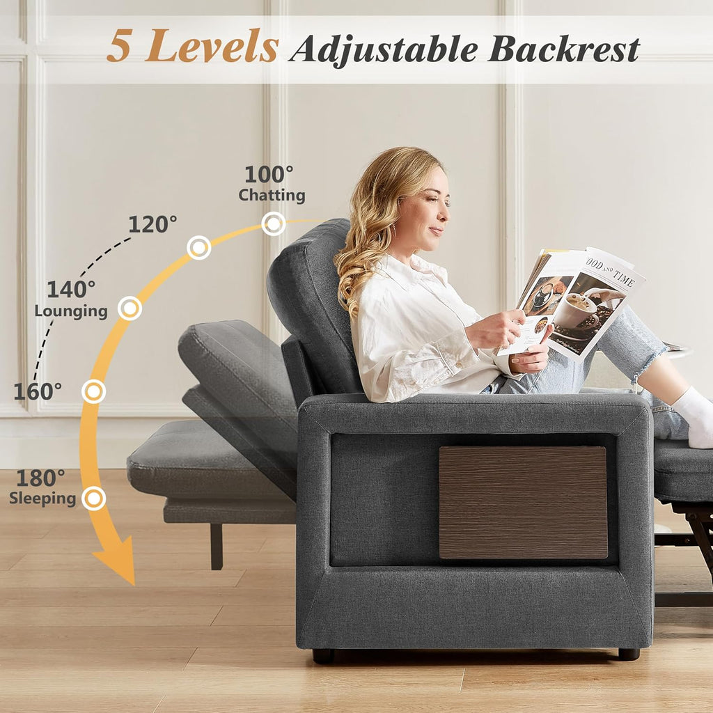 WEUP 42.5' Sleeper Sofa Chair Bed, 3-in-1 Convertible Sleeper Chair with Pull Out Bed, Adjustable Reclining Backrest, Side Pockets, Cup Holder, USB Ports & Wing Table, Premium Dark Grey