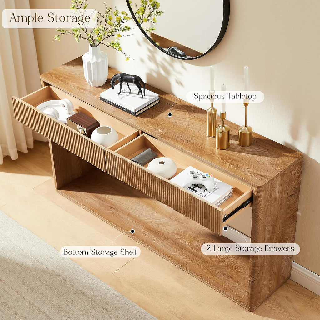 OKD 63' Fluted Console Table for Entryway, Modern Entryway Table with 2 Large Drawers, Long Sofa Table Behind Couch for Living Room, Hallway, Couch, Foyer，Light Knotty Oak