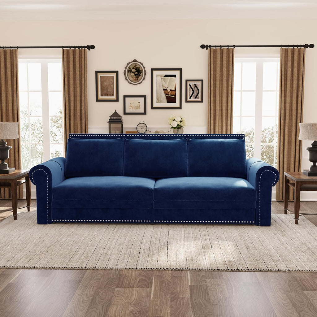 93.7' King Size Sofa Sleeper with Pull Out Bed, 3 in 1 Convertible Sleeper Sofa Bed, Velvet Folding Loveseat 3-Seater Couch with Deep Seat, Nailhead Trim & Rolled Arm for Living Room (Blue)