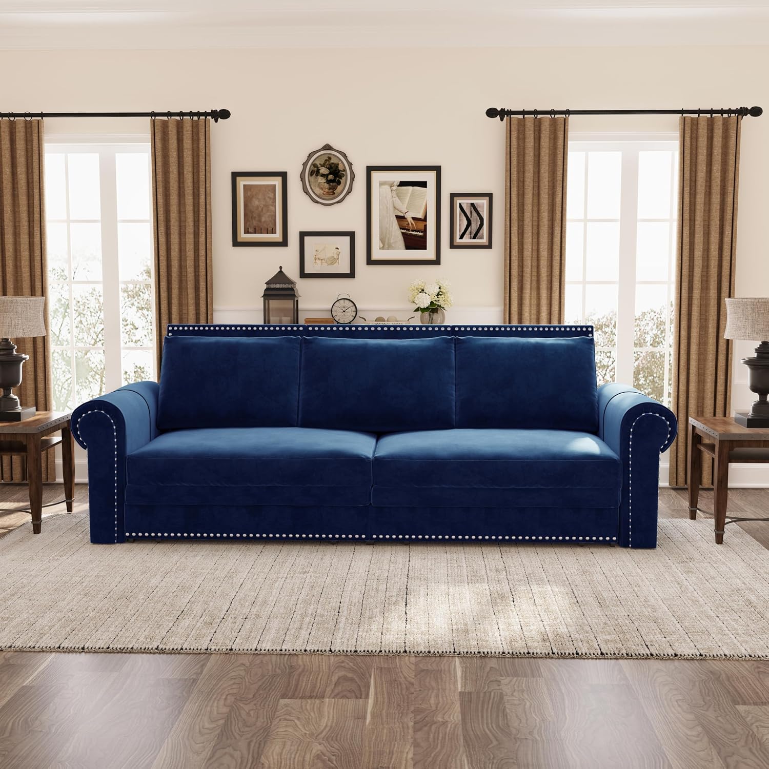 93.7' King Size Sofa Sleeper with Pull Out Bed, 3 in 1 Convertible Sleeper Sofa Bed, Velvet Folding Loveseat 3-Seater Couch with Deep Seat, Nailhead Trim & Rolled Arm for Living Room (Blue)