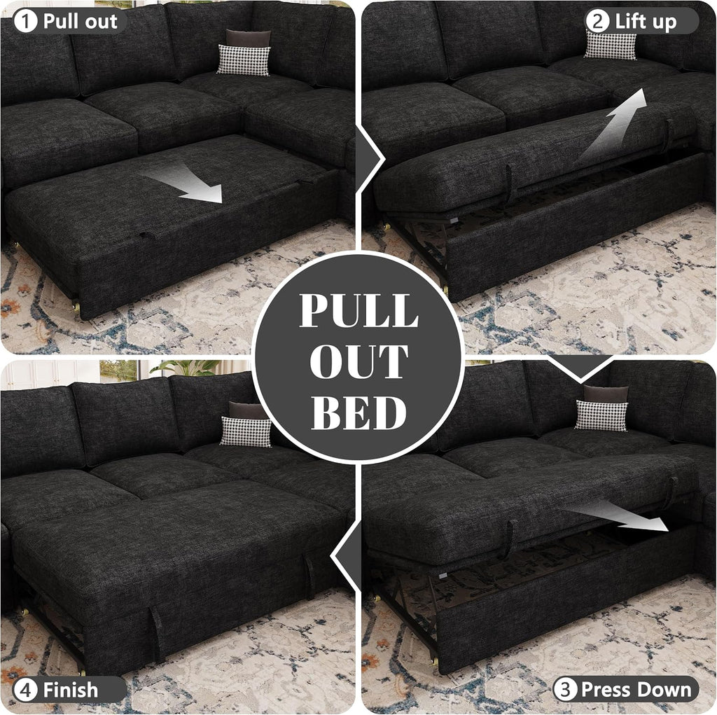 85 Inch Modular Sectional Sofa with Pull Out Bed, L Shaped 5 Seat Sectional Sleeper Sofa with Storage, Sectional Couches for Living Room, Cloud Modular Couch,Removable Sofa Cover, Black