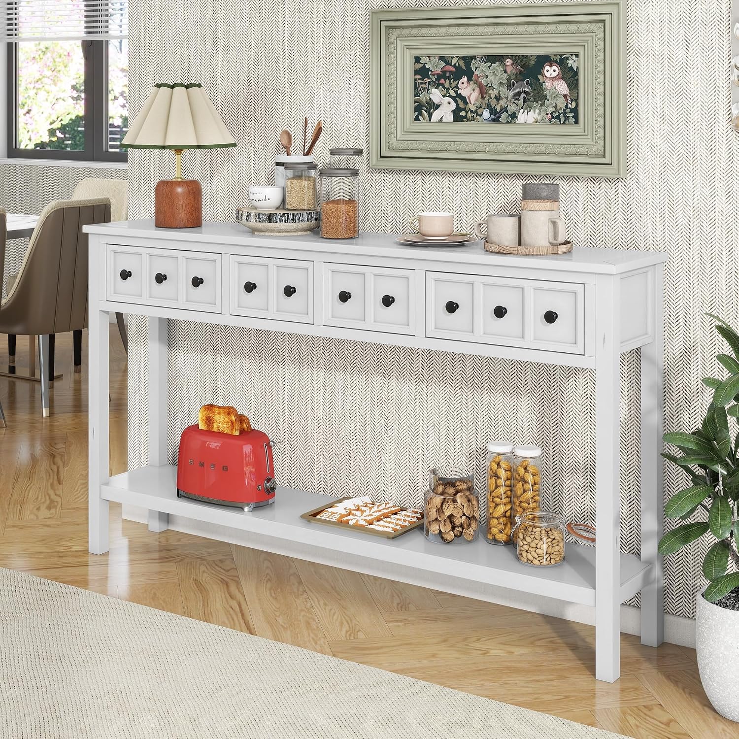 Merax Farmhouse Entryway Console Table with Storage Drawers, Wood Sofa Table Behind Couch with Shelf, for Hallway Foyer, Antique White