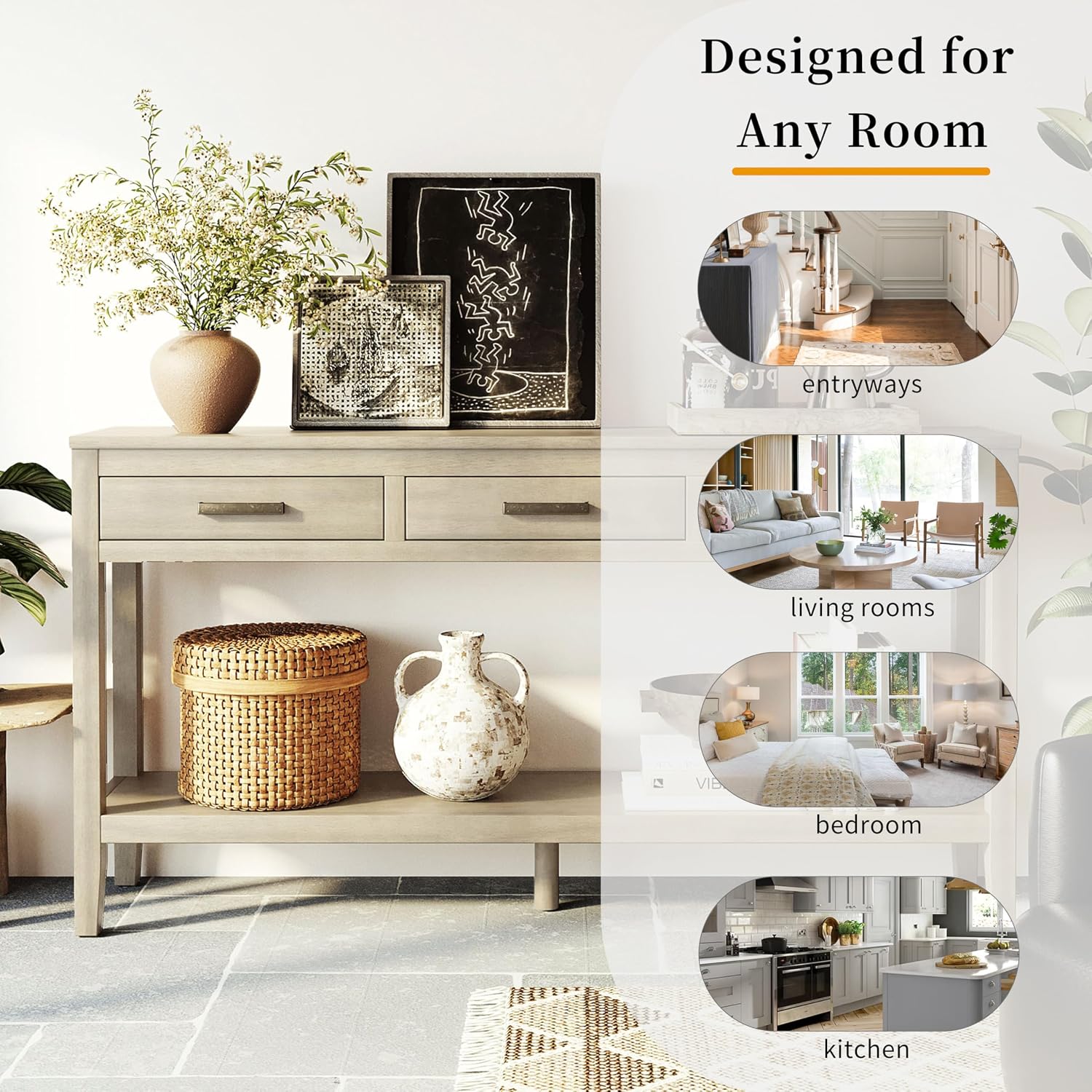 Merax Entryway Console Table, with 3 Storage Drawers, Bottom Shelf Design/Wood Frame/Behind Couch & Sofa, Grey