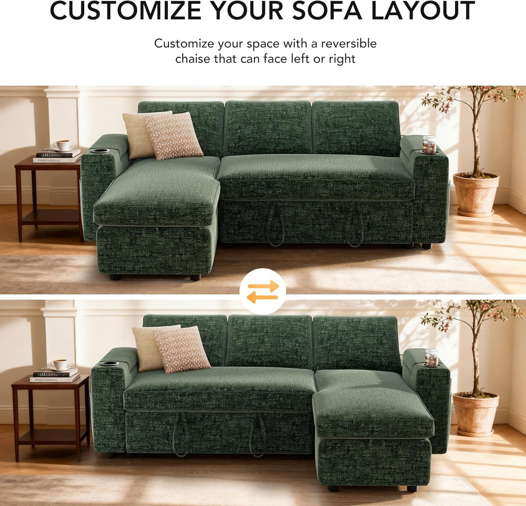 Sunny Heart L-Shaped Sleeper Sofa with Pull Out Bed, 82' Sectional Couch with Reclining Backrest, Reversible Storage Chaise, Armrest Storage, Cup Holders, and Side Pockets, Tool-Free Assembly, Green