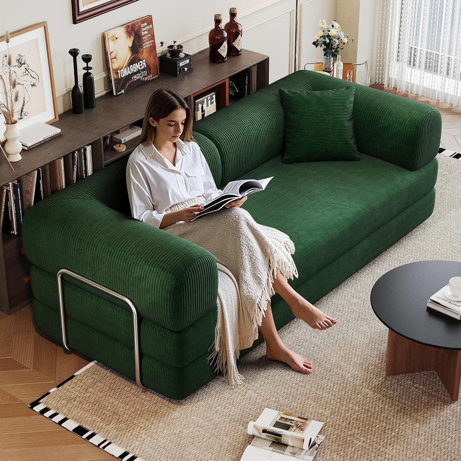 79' Convertible Sofa Bed, Corduroy Folding Pull Out Couch with Pillows, No Assembly Modern Boneless Couch Compression Sofa in Box, Floor Sofa with Support Rods for Living Room,Dark Green