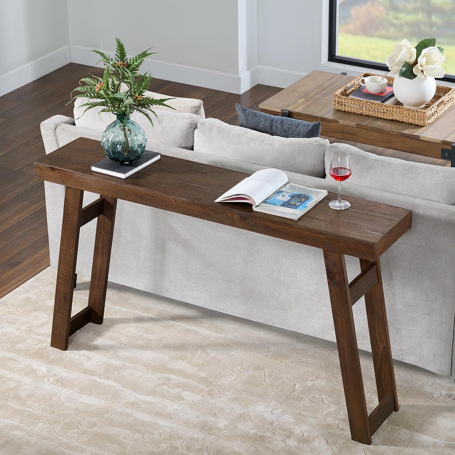 Alaterre Furniture Lawas Solid Wood Console Table - 56 Inch Modern Farmhouse Entryway Table - Easy Assembly Living Room Furniture for Behind The Couch, Entryway, or Hallway (Brown)