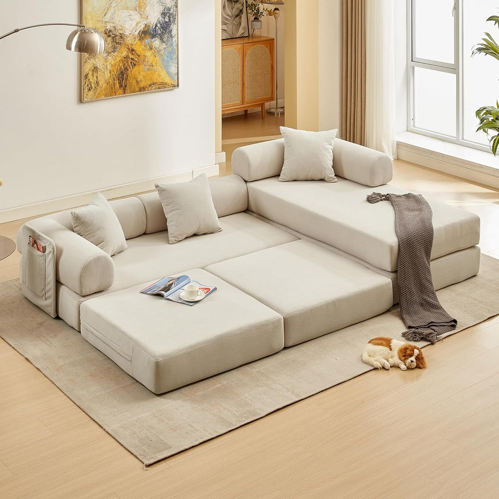 L Shaped Modular Sofa Bed with Cylindrical Pillow & Reversible Chaise, Corduroy Folding Floor Convertible Sofa Couch Bed with Fixed-Shape Frame & Storage Pocket for Living Room, Beige