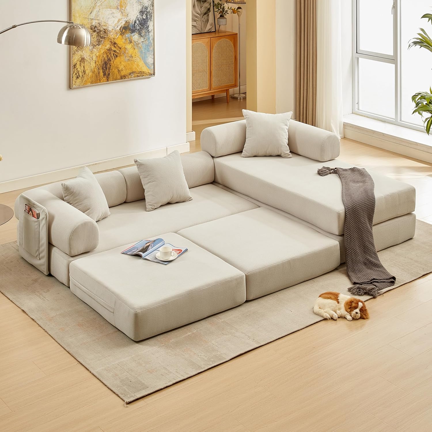 L Shaped Modular Sofa Bed with Cylindrical Pillow & Reversible Chaise, Corduroy Folding Floor Convertible Sofa Couch Bed with Fixed-Shape Frame & Storage Pocket for Living Room, Beige