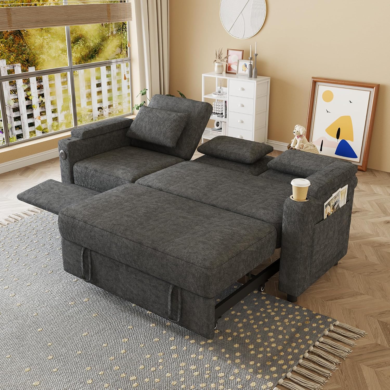 Sectional Sleeper Sofa with Pull Out Couch and Reclining Chair, Modern 3-in-1 Convertible Sleeper Sectional Couch that Turns Into Bed with Cup Holder, Laptop Table and USB Port for Living Room