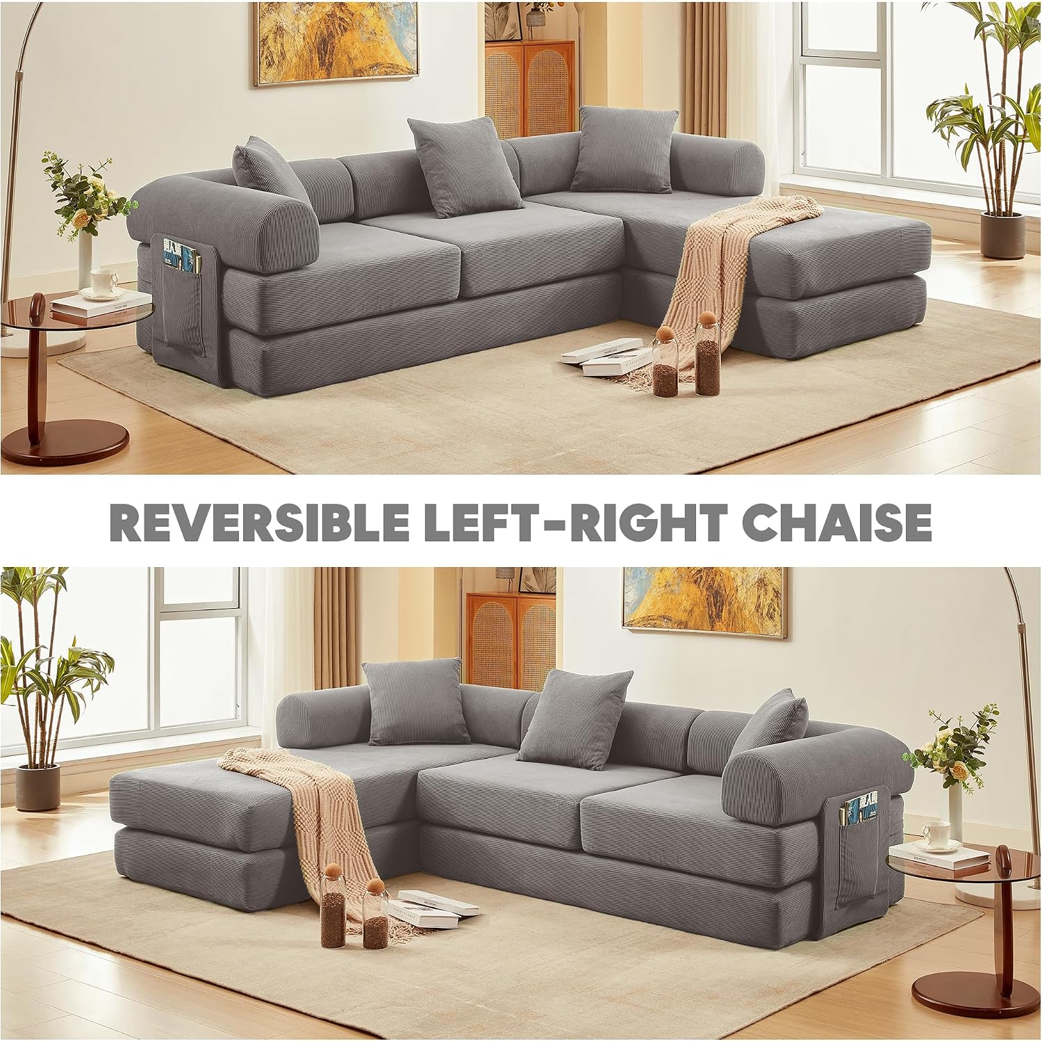 L Shaped Modular Sofa Bed with Cylindrical Pillow & Reversible Chaise, Corduroy Folding Floor Convertible Sofa Couch Bed with Fixed-Shape Frame & Storage Pocket for Living Room, Grey