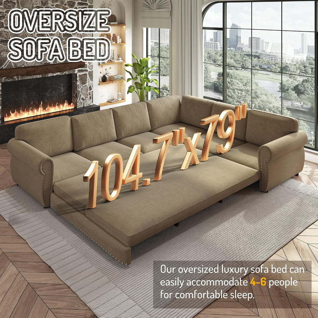 118'' Pull Out Couch, Convertible Sleeper Sofa Bed, Upholstered Sectional Sofa, Chenille L-Shaped Couch with Nailhead Trim, 6-Seater Modern Sectional Couches for Living Room,Bedroom, Camel