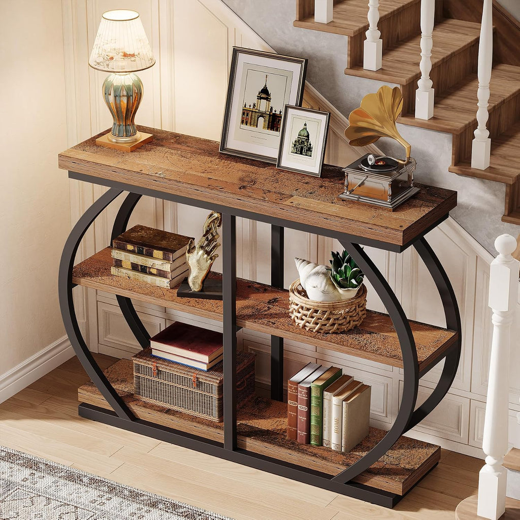 Tribesigns 41.3' Console Table, Industrial 3-Tier Entryway Table with Arched Metal Frame and Storage Shelves for Living Room, Hallway, Mix Brown