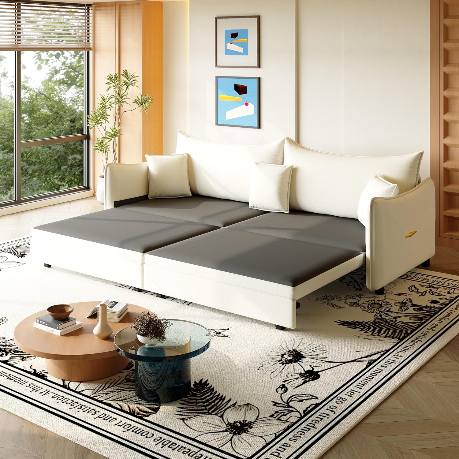 81.9' Sleeper Sofa Bed King Size, 3-in-1 Convertible Couch, Modern Pull Out Couches, Comfy Velvet Futon Sofa, Cloud Loveseat Lounge, 3 Pillows, for Small Spaces, Living Room, Gold Beige
