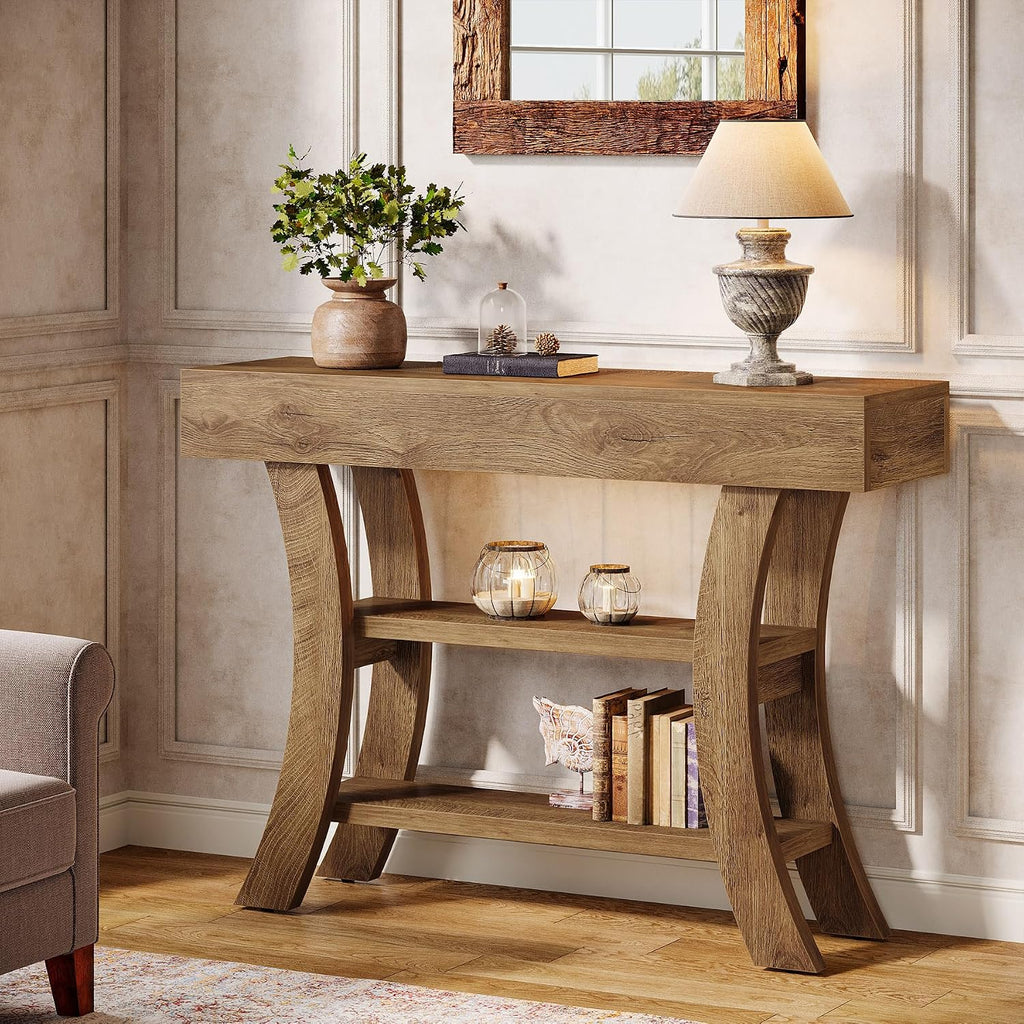 Tribesigns 41' Small Console Table for Entryway, 3-Tier Narrow Rustic Sofa Table with Storage Shelves and Curved Frame for Living Room, Entry, Hallway, Foyer (Oak Brown)