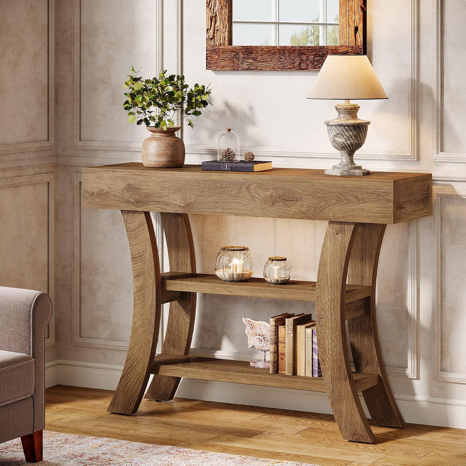 Tribesigns 41' Small Console Table for Entryway, 3-Tier Narrow Rustic Sofa Table with Storage Shelves and Curved Frame for Living Room, Entry, Hallway, Foyer (Oak Brown)