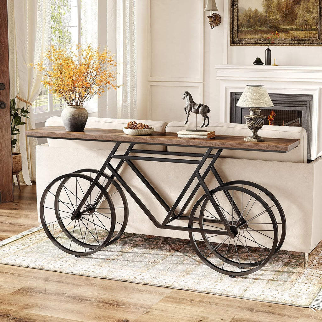 LITTLE TREE Narrow Sofa Table, 70.9-Inch Extra Long Console Table for Living Room, Entryway, with Unique Bicycle Metal Base. Rustic Brown