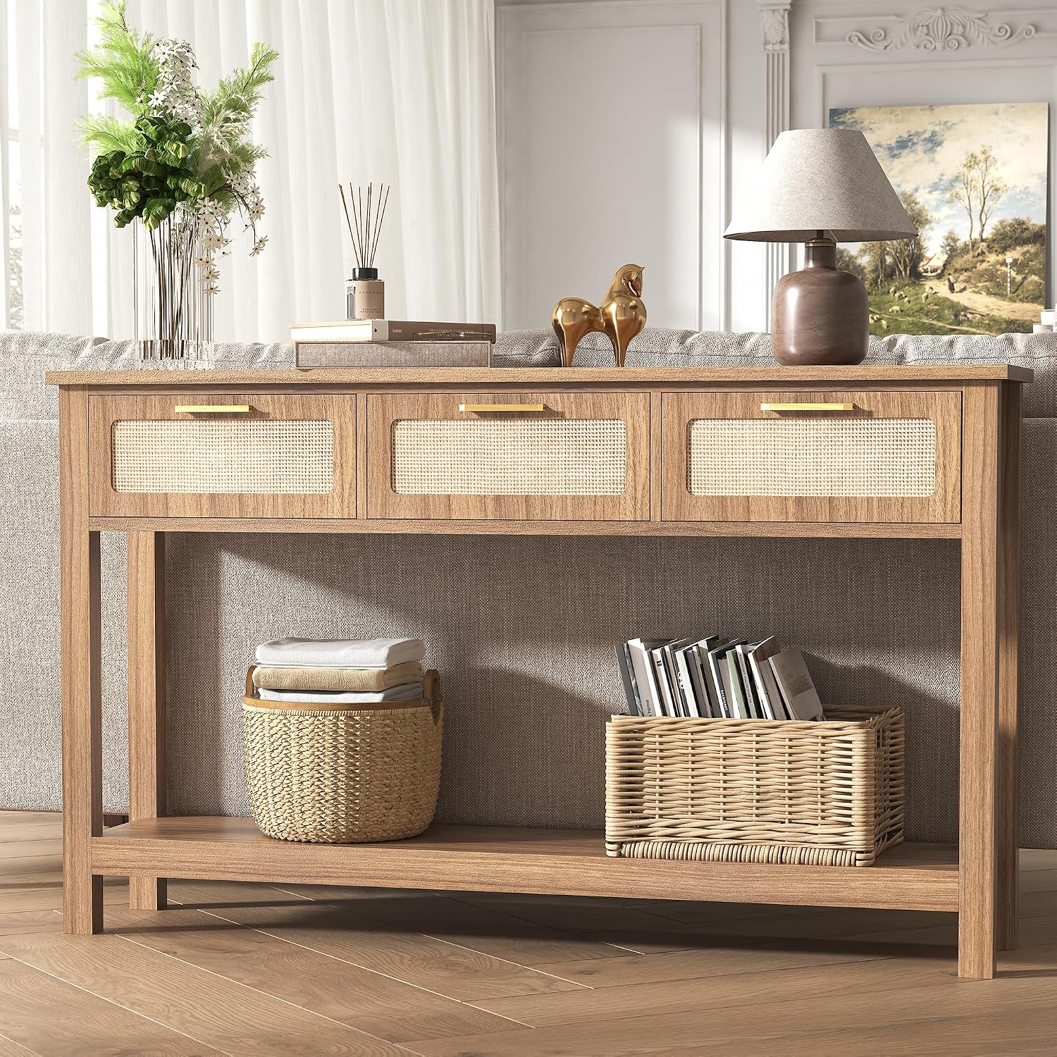 ELYKEN 51.2' Entryway Table with 3 Rattan Drawers, Boho Console Table Narrow with Storage, Long Sofa Table for Behind Couch Entry Hallway, Entrance, Living Room, Oak Brown