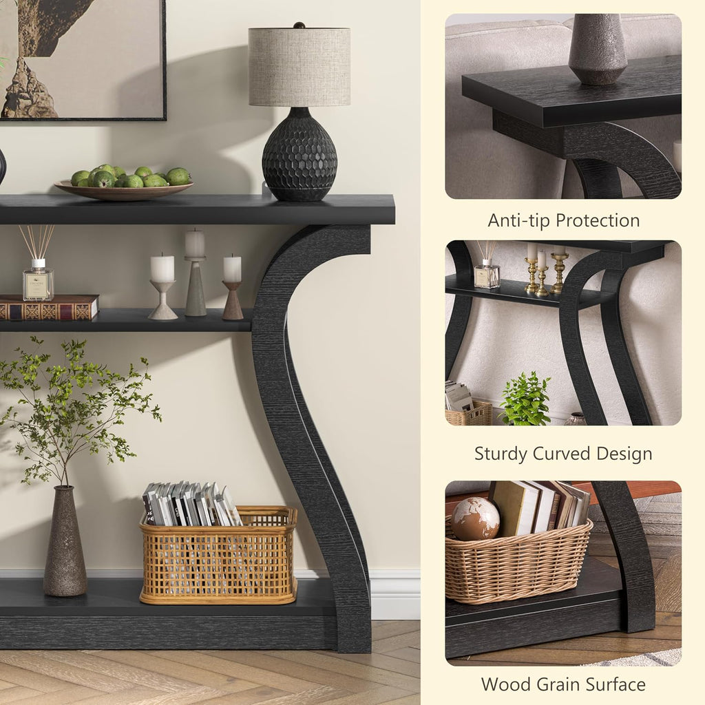 Wooden Console Table with Curved Legs and Shelf, 3-Tier Modern Accent Narrow Sofa Table for Entrance Area, Living Room, Hallway, 47 in Wide Wood Console Table for Entryway (Black)