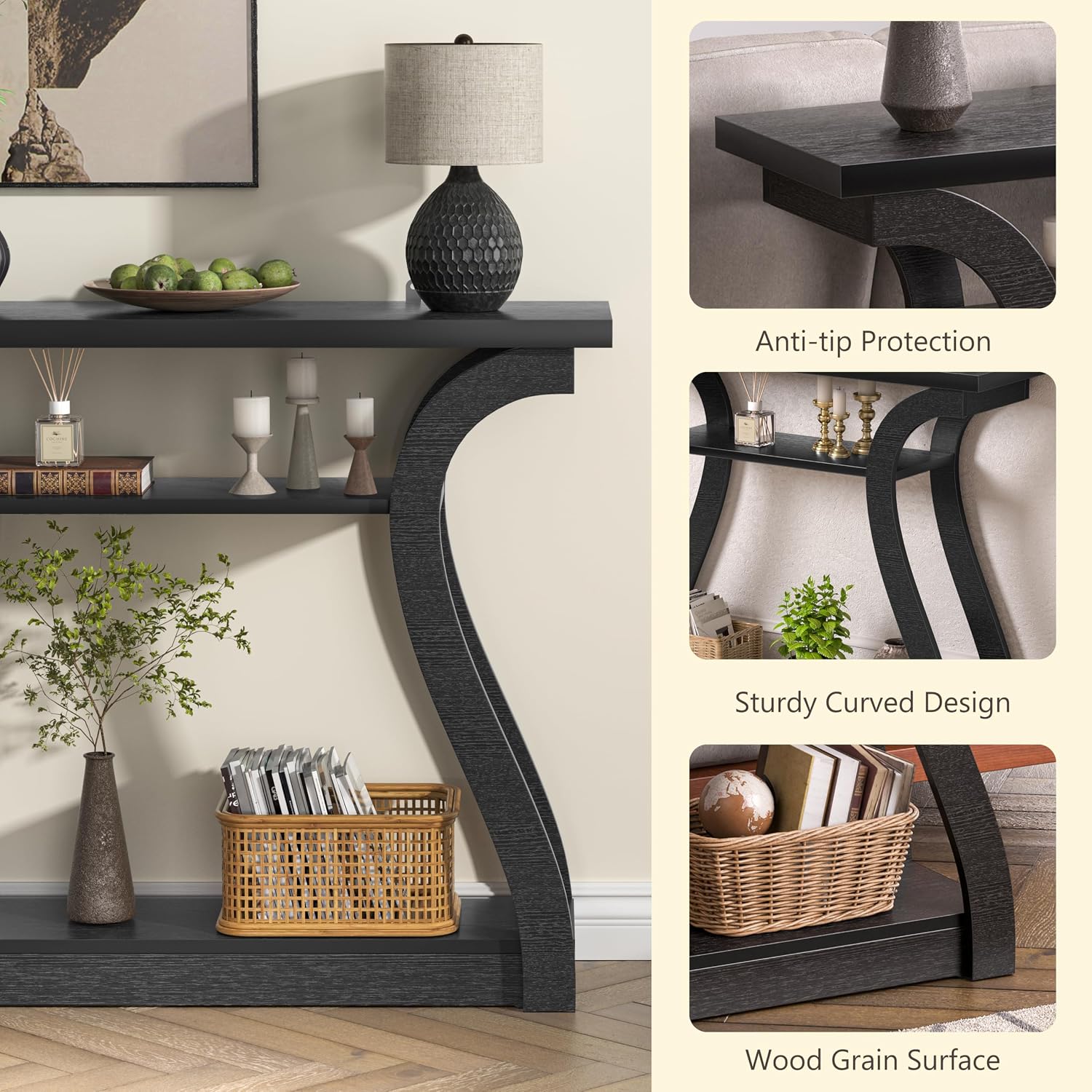 Wooden Console Table with Curved Legs and Shelf, 3-Tier Modern Accent Narrow Sofa Table for Entrance Area, Living Room, Hallway, 47 in Wide Wood Console Table for Entryway (Black)