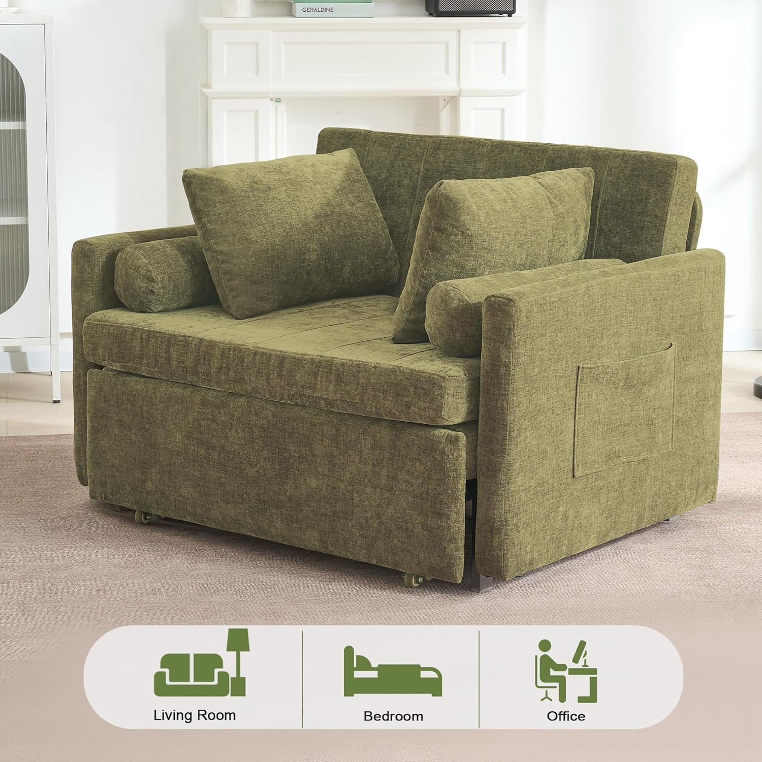45' Oversize 3-in-1 Sleeper Chair, 75' Long Pull-Out Sleeper Sofa Bed with Wing Table and Side Pocket for Living Room, Bedroom, Small Space, Green